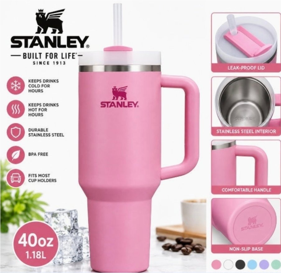 Stanley Quencher H2.0 FlowState Stainless Steel Vacuum Insulated Tumbler with Lid and Straw, 40 oz, Pink Stanley Quencher H2.0 FlowState Stainless Steel Vacuum Insulated Tumbler with Lid and Straw, 40 oz, Pink - Image 1