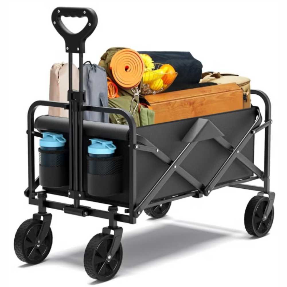 Collapsible Folding Wagon with All-Terrain Wheels and Drink Holders, Black Collapsible Folding Wagon with All-Terrain Wheels and Drink Holders, Black - Image 1