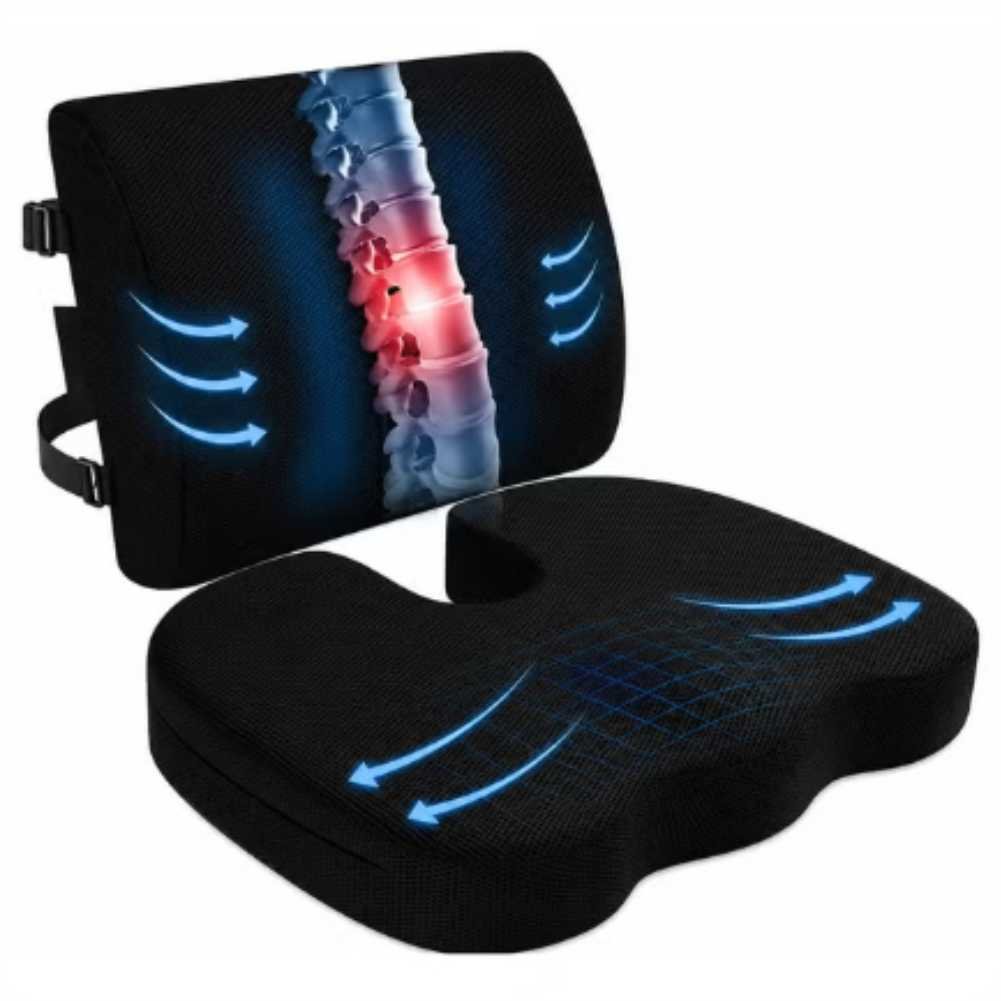 Orthopedic Memory Foam Seat Cushion and Lumbar Support Set Orthopedic Memory Foam Seat Cushion and Lumbar Support Set - Non-Slip Coccyx and Back Support - Image 1