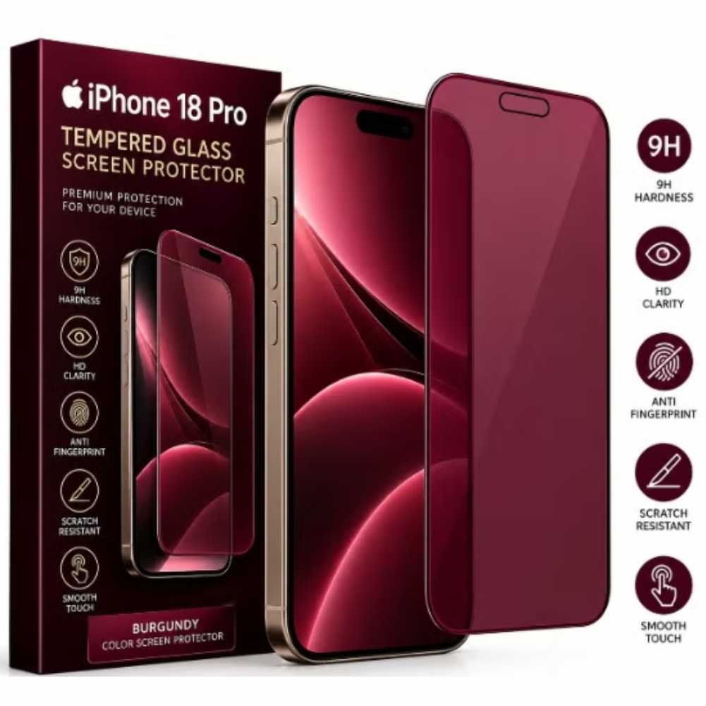 iPhone 18 Pro Tempered Glass Screen Protector, Burgundy, 1 Pack iPhone 18 Pro Tempered Glass Screen Protector, Burgundy, 1 Pack - Image 1